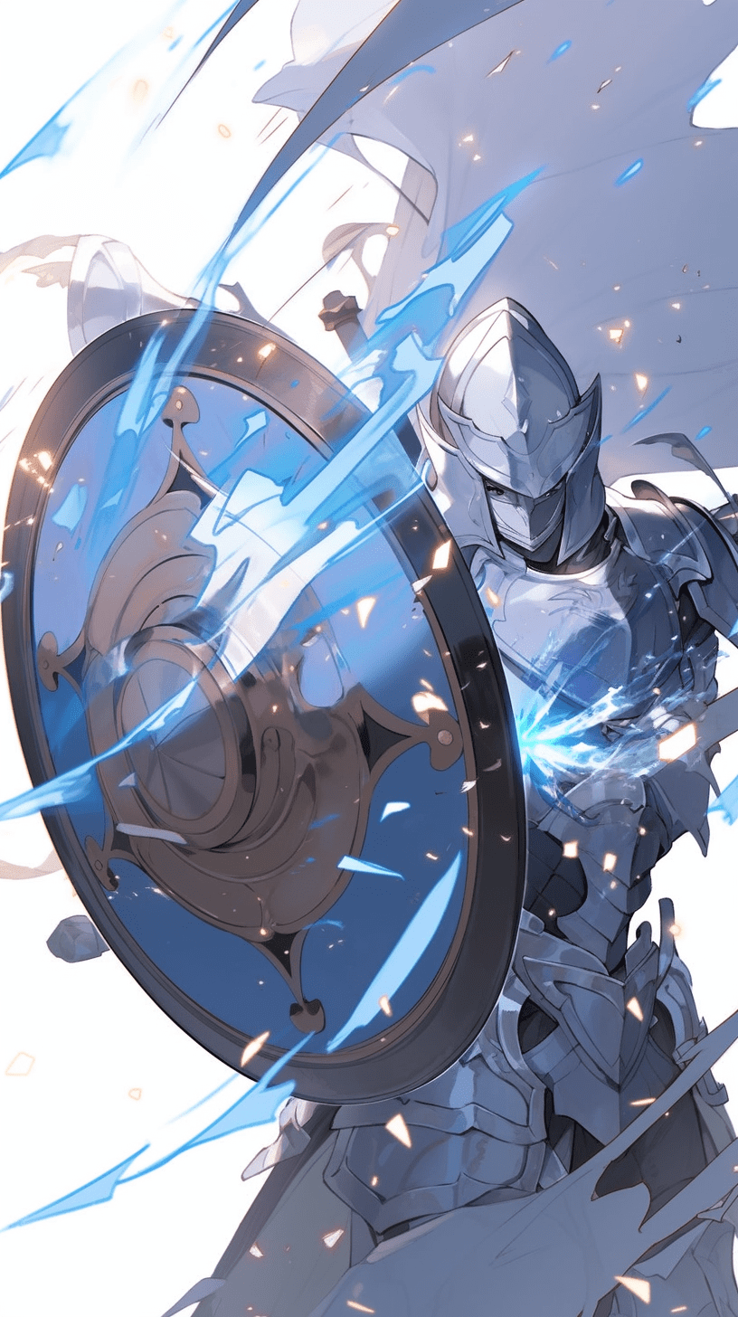 Anime sao. Shield warrior of the brave party. A man wearing silver armor. He defends his attacks with a large shield, and sparks are flying from the shield --niji 5 --ar 9:16
