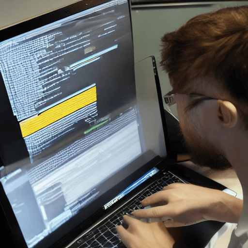 Apes coding: focus on characters actively programming, with clear facial features visible. A laptop is positioned in the foreground, slightly angled. The scene should depict intelligent apes engaged in writing computer code, with their expressions showing concentration and intelligence. The lighting should highlight their faces and the laptop screen, creating a contrast between the primate features and the modern technology.