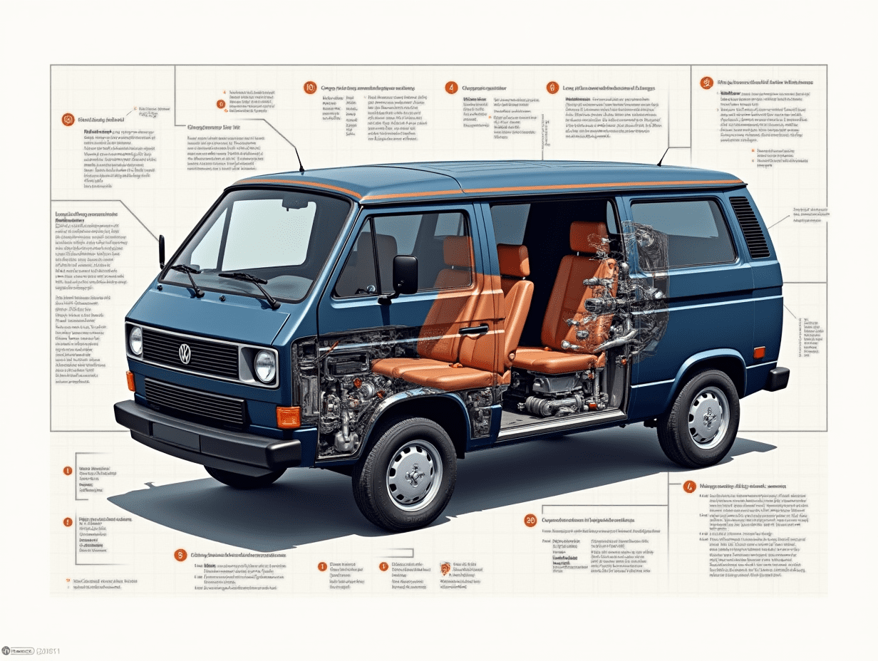 A 1988 volkswagen t3 syncro in navy blue, syncro 4wd logo in dark orange trim, schematic showcasing a cutaway design that reveals its internal structure prompts, the image must include annotated engineering blueprints, detailed schematics, and callouts, set against a technical background that provides a comprehensive view of the vehicle design