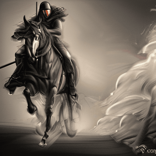 Dark fantasy art of a hooded knight riding his horse in full gallop, smoke around him, detailed, in the style of fantasy art, hyper-realistic.