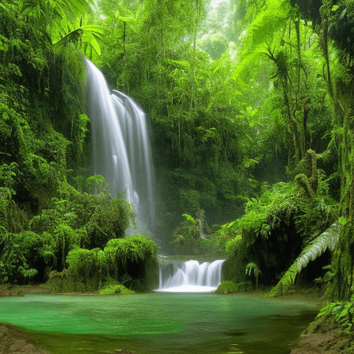 The jungle is depicted as a lush, vibrant, and mystical environment, the jungle is filled with thick, green foliage, towering trees, and a variety of exotic plants, the colors are rich and vivid, with deep greens, bright flowers, and the occasional splash of sunlight filtering through the canopy, numerous waterfalls and streams, the water is crystal clear, reflecting the lush surroundings,