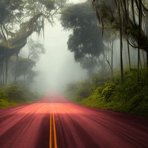 The sky with a faint reddish hue, casting an eerie, otherworldly glow over the jungle, the road, with dirt and advanced materials, a dusty red path winding through the jungle, the dust settle on the road, cutting through the dense jungle, it is flanked by thick vegetation on both sides, with overhanging branches and vines that create a tunnel-like effect, the surface of the road is uneven, composed of dirt and gravel, with numerous potholes and patches of mud, the road is frequently shrouded in shadows due to the dense canopy above, digital world with neon lights, sleek designs, and futuristic elements, a vast digital landscape filled with towering structures, glowing pathways, and intricate circuits, the environment is predominantly dark, illuminated by vibrant neon lights in shades of blue, orange, and white, high-tech interiors of the mainframe to the more rugged, industrial areas of the outlands, each environment is meticulously designed with a futuristic aesthetic, the color palette is dominated by dark backgrounds contrasted with bright neon colors,