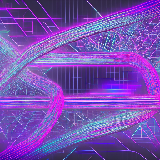 A high-resolution image depicting a futuristic blockchain concept, featuring interconnected metallic chains with intricate digital patterns. The chains are illuminated by vibrant neon lights in shades of purple, pink, and blue, creating a glowing effect that highlights the advanced technology theme. The background is dark with abstract grids and digital elements, emphasizing the interconnected and secure nature of the blockchain. The overall aesthetic is modern, high-tech, and visually striking, representing the cutting-edge nature of blockchain technology