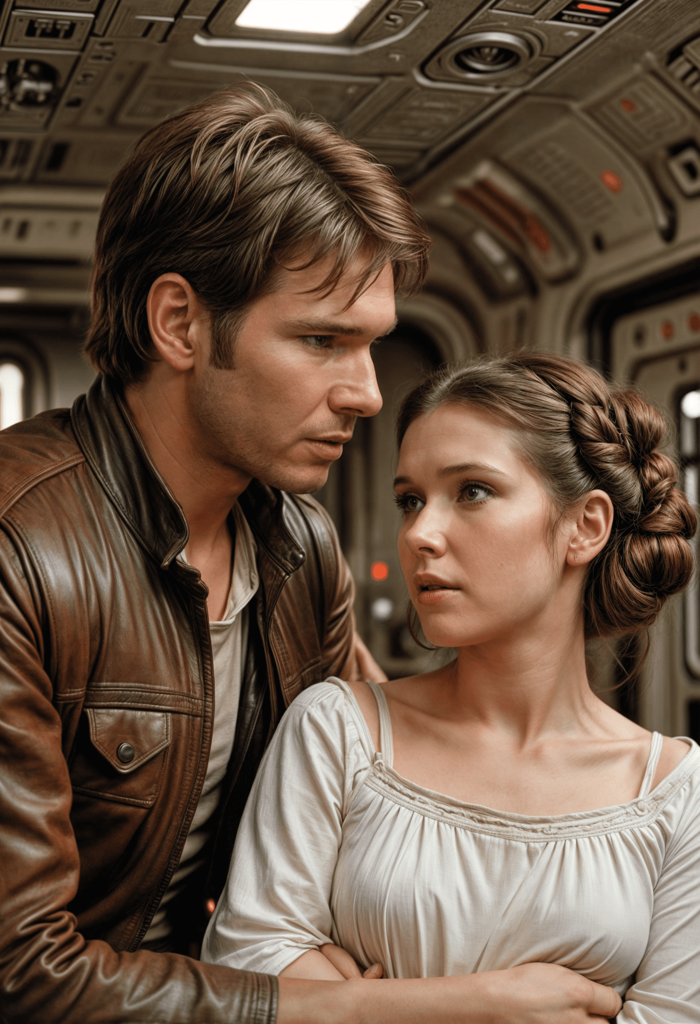 Han solo and princess leia, star wars , scene in a spaceship, dynamic lights, intricate details