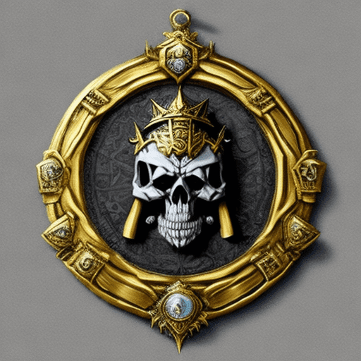 Photo of a medallion from warhammer fantasy, with the ice queen skull with the ukranian trizubets at the bottom, in the style of warhammer second edition. It should be black and gold.