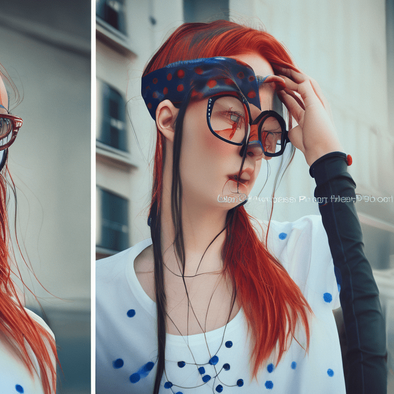 Best quality, 4k, highres, masterpiece, ultra-detailed, realistic, highly detailed futuristic photography hipster girl in glasses on the street, white t-shirt, red hair with blue bow with white dots, rock and roll style, shiny eyes, beautiful figure, shallow depth of field, dark atmospheric scene, perfect anatomy, best quality, highres, realistic photo, professional photography, cinematic angle, dynamic, volumetric lighting,
