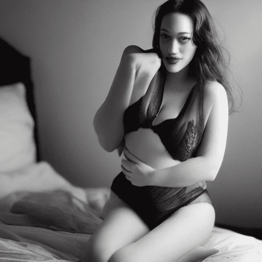 Whole body photo of a gorgeous kat dennings wearing skimpy nighties on the bed, seductive smile, daytime, deep photography, ilford hp5 film, b&w, crushed blacks, depth of field, dark photo, film grain, shadows, natural light