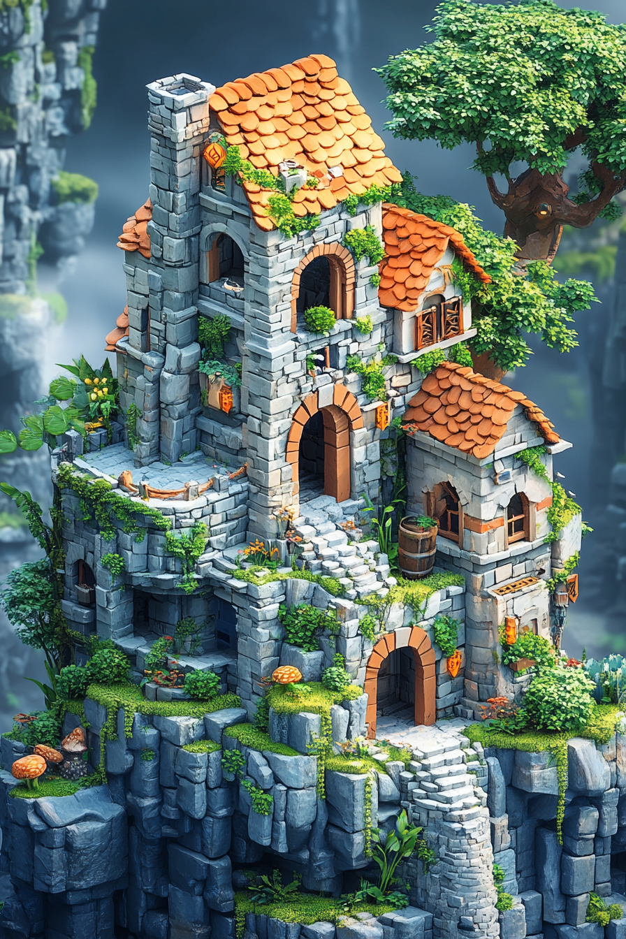 A cute 3d building made of isometric blocks with very detailed cartoon decorations. The building is surrounded by nature, with a giant creature in the background. A small cube is located in the right corner.
