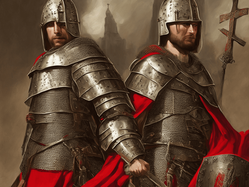 Oil on canvas in the style of rembrandt , a highly detailed digital illustration of a crusader, captured in a commanding and intense pose, staring directly at the viewer. The crusader is adorned with a traditional great helm, featuring intricate engravings and a prominent cross emblem. His muscular frame is protected by a chainmail hauberk and a surcoat emblazoned with a bold red cross, detailed with ornate patterns and a metallic sheen. The background is a dark, moody battlefield, with faint shadows of ancient castles and banners waving in the wind, enhancing the dramatic and powerful atmosphere.