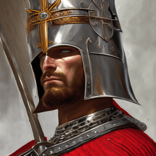 Oil on canvas, impressionist tendencies, , a highly detailed digital illustration of a crusader, captured in a commanding and intense pose, staring directly at the viewer. The crusader is adorned with a traditional great helm, featuring intricate engravings and a prominent cross emblem. His muscular frame is protected by a chainmail hauberk and a surcoat emblazoned with a bold red cross, detailed with ornate patterns and a metallic sheen. The background is a dark, moody battlefield, with faint shadows of ancient castles and banners waving in the wind, enhancing the dramatic and powerful atmosphere.