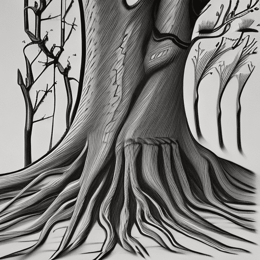 A captivating black and white sketch of a unique fusion of trees and brains, intertwined and connected, the roots of the tree feed from lots of books, showcasing the artist's incredible imagination. The sketch is done using pencil, and the intricate details of the interconnected tree roots and brain neurons create a sense of unity and interdependence. The overall ambiance of the sketch is thought-provoking and mysterious, inviting the viewer to ponder the deeper connections between nature and the human mind.