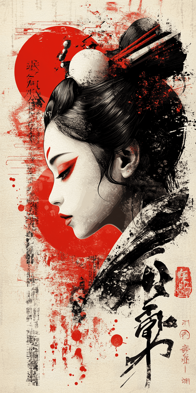 A cyberpunk-inspired digital art piece featuring an elegant geisha face with bold black and white lines, accented by red splashes of color in the background, japanese anime, blending traditional aesthetics with futuristic tech motifs, vector format for crisp detailing against a flat backdrop --ar 1:2 --personalize 2gwf1qc --stylize 750 --v 6. 1