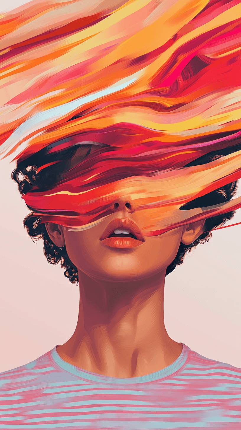 Portrait of a female, illustration, upper body and face, casual striped t-shirt and short curly hair, whirl of abstract, vivid red-colored, flowing from the head, simplistic with a plain, light pink background --ar 9:16 --v 6. 1