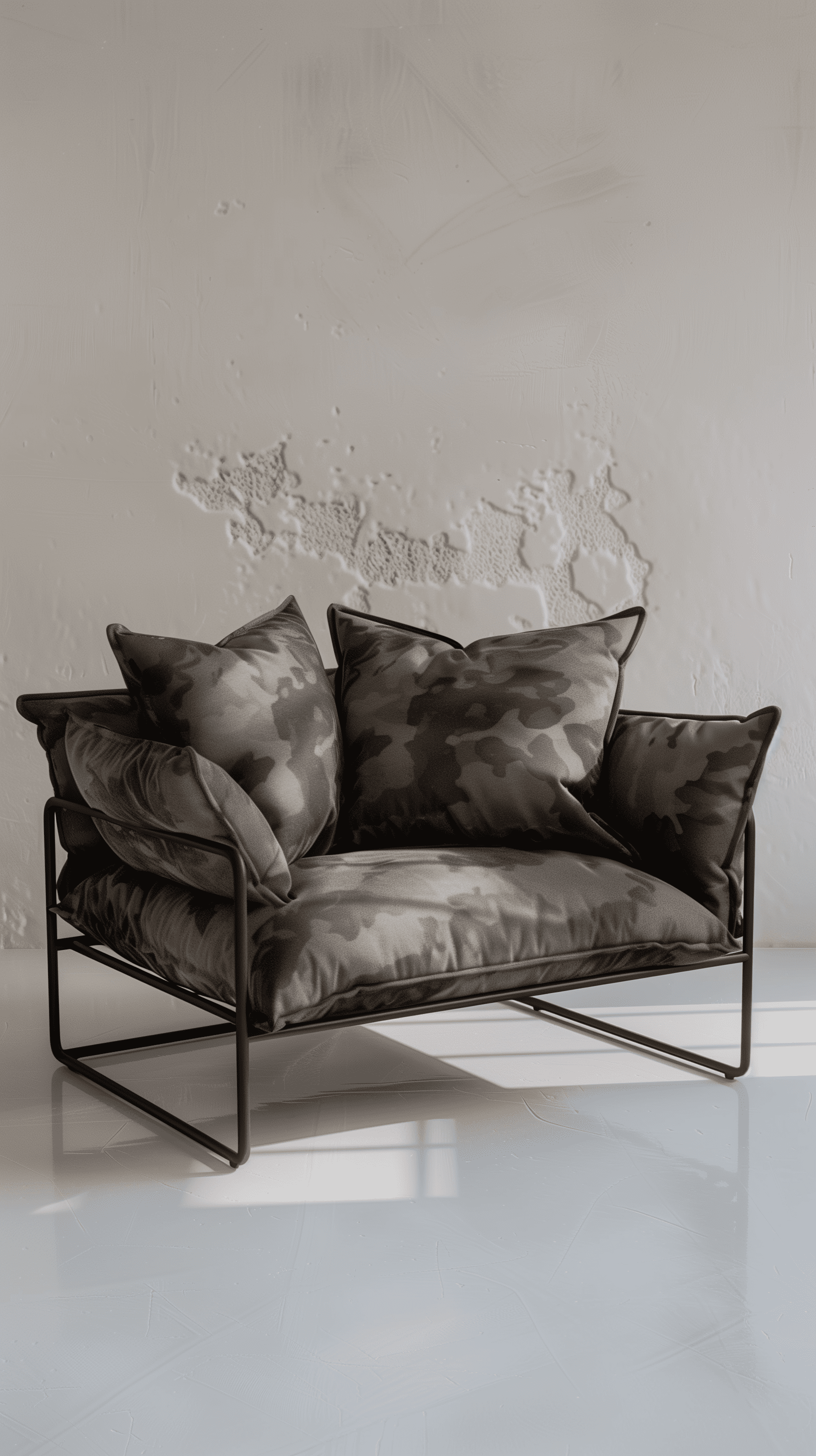 Productive photography, elegant small loveseat in a muted camouflage fabric, supported by a thin, matte black metal frame. Loveseat is accessorized with oversized plush pillows that add a touch of minimalism, background is a plain white wall with a subtle stucco texture, enhancing the contrast, casting realistic sunlight, floor beneath is polished white concrete, reflecting a faint sheen that complements the velvety texture of the furniture, photorealism, uhd, detailing --ar 9:16 --style raw --v 6