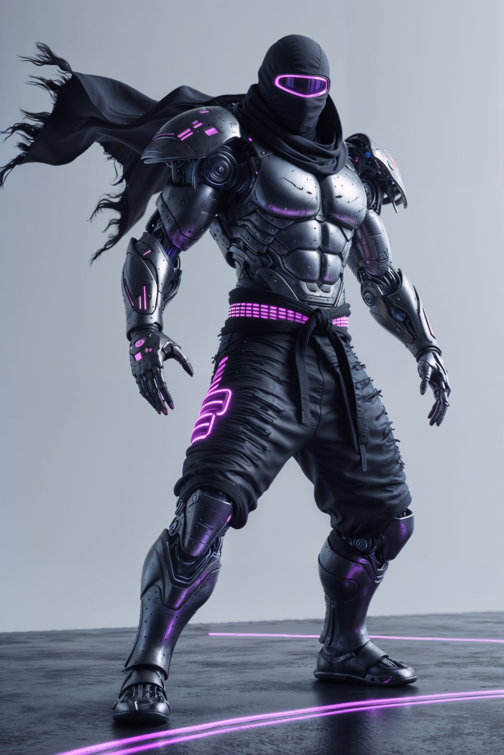 A highly detailed, ultra-high-resolution illustration of a futuristic cyborg, standing poised in a sleek, high-tech ninja outfit, complete with metallic parts, glowing purple circuits, and a flowing, tattered black cloak, set against a stark, blank white background, captured in a dramatic, close up shot that highlights the subject's powerful physique and intricate mechanical features, with a ghostly, ethereal aura subtly emanating from its body, adding an air of mystique and otherworldliness to the overall composition, every aspect rendered in exquisite, photorealistic detail, with a strong emphasis on bold, metallic colors, contrasted against the dark, muted tones of the ninja attire, and subtle, neon-lit accents that evoke a sense of cutting-edge technology and futuristic sophistication.