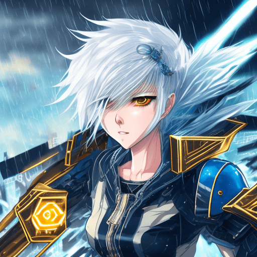 An anime photorealistic depiction of a woman embodying the essence of urbanpunk, her body adorned with glowing golden runes, donned in lightweight gundam-style armor, short white hair caught in mid-flight by the tempestuous winds of war, a vibrant blue aura radiating intensity around her, engaged in combat amidst a cityscape pummeled by a storm, debris swirling in the chaotic atmosphere, digital art
