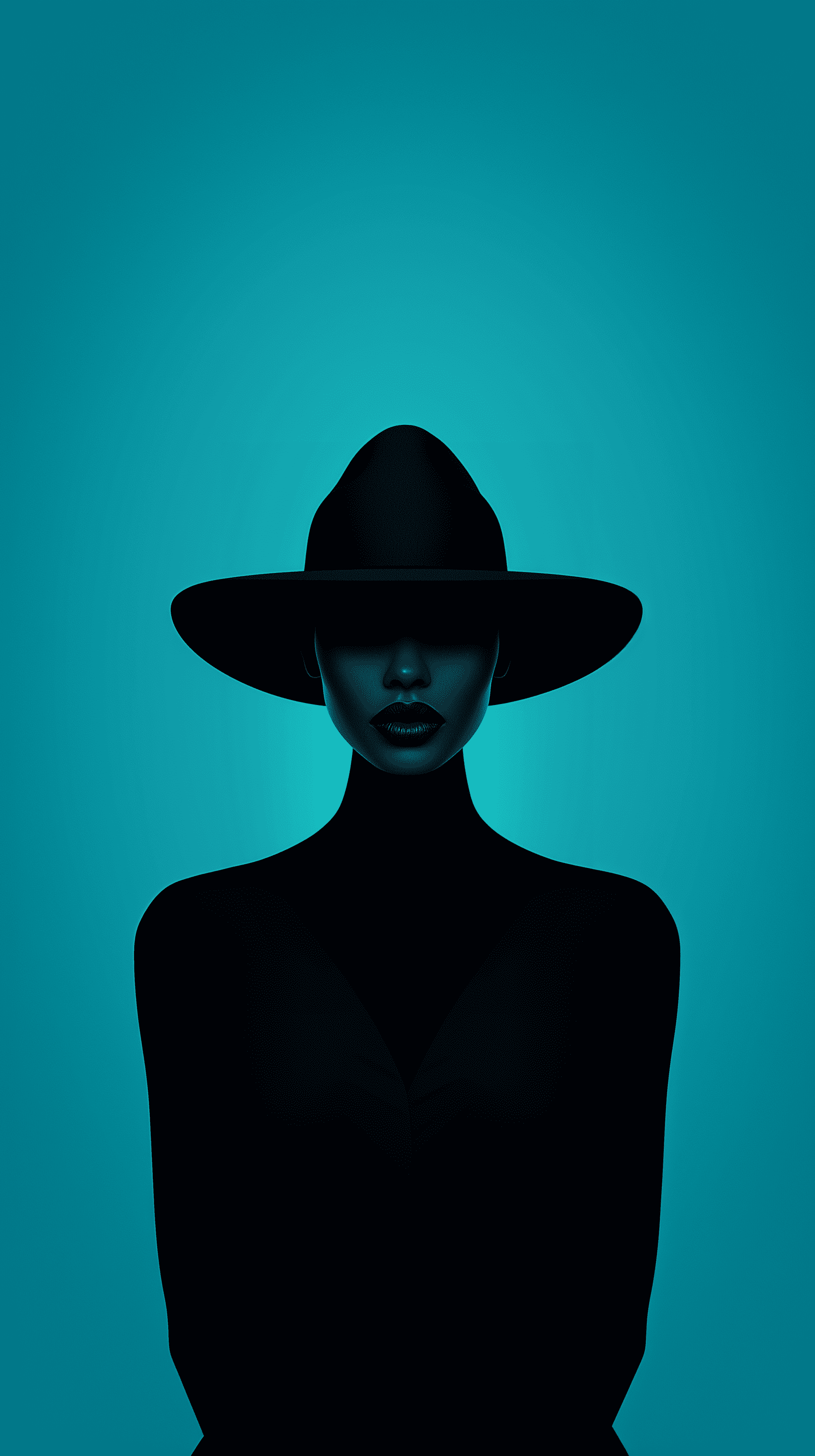 Illustration, sleek of a female silhouette adorned with a wide-brimmed hat, image utilize a minimalist art style with sharp, clean lines against a neon blue background, modern look with a strong emphasis on form and shadow, elegance and intrigue, detailing --ar 9:16 --style raw --stylize 300 --v 6. 1