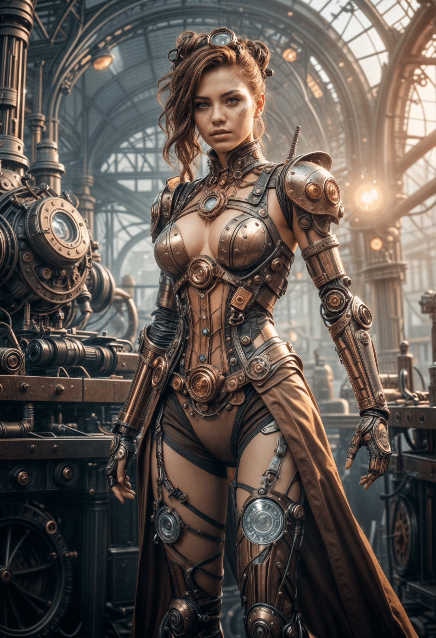 Electric cyborg in a steampunk world, full body, lensflare, misty, steam, intricate detailed