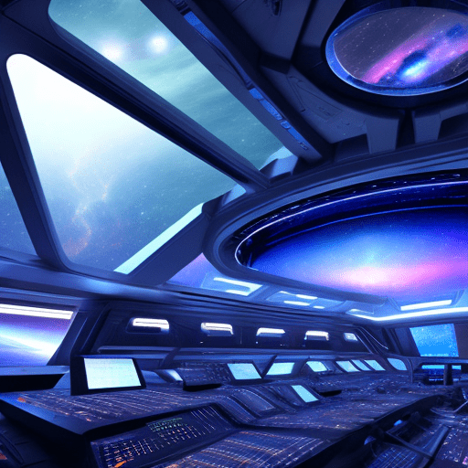 Hyper realistic hd photo of the inside of an alien spaceship bridge with high tech consoles with aliens working on them. Nebula and planet visible through large window. Dramatic lighting