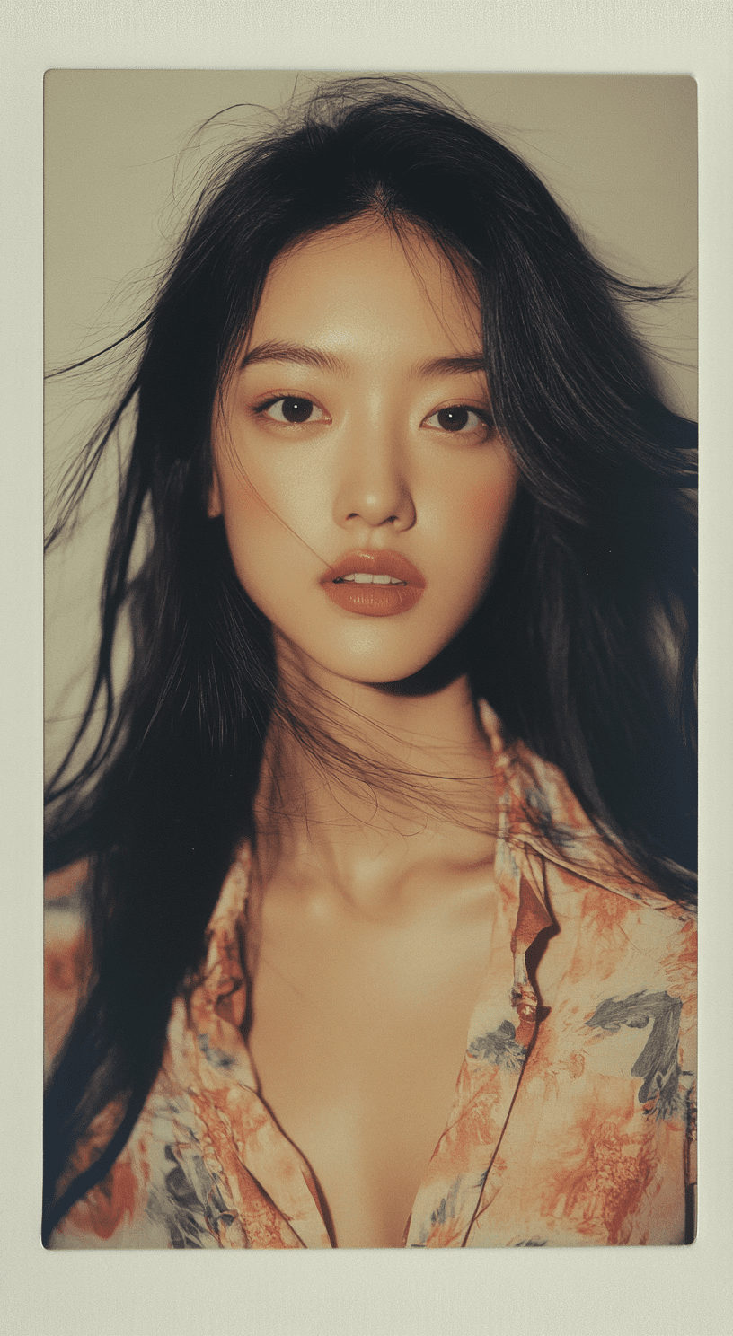 A hyper-realistic, lifelike polaroid proof of an asian female model for a fashion shoot. She is captured in stunning detail, with natural lighting highlighting her features. The composition is raw and unfiltered, showcasing her beauty and the authenticity of the moment --ar 35:64 --style raw --v 6. 1