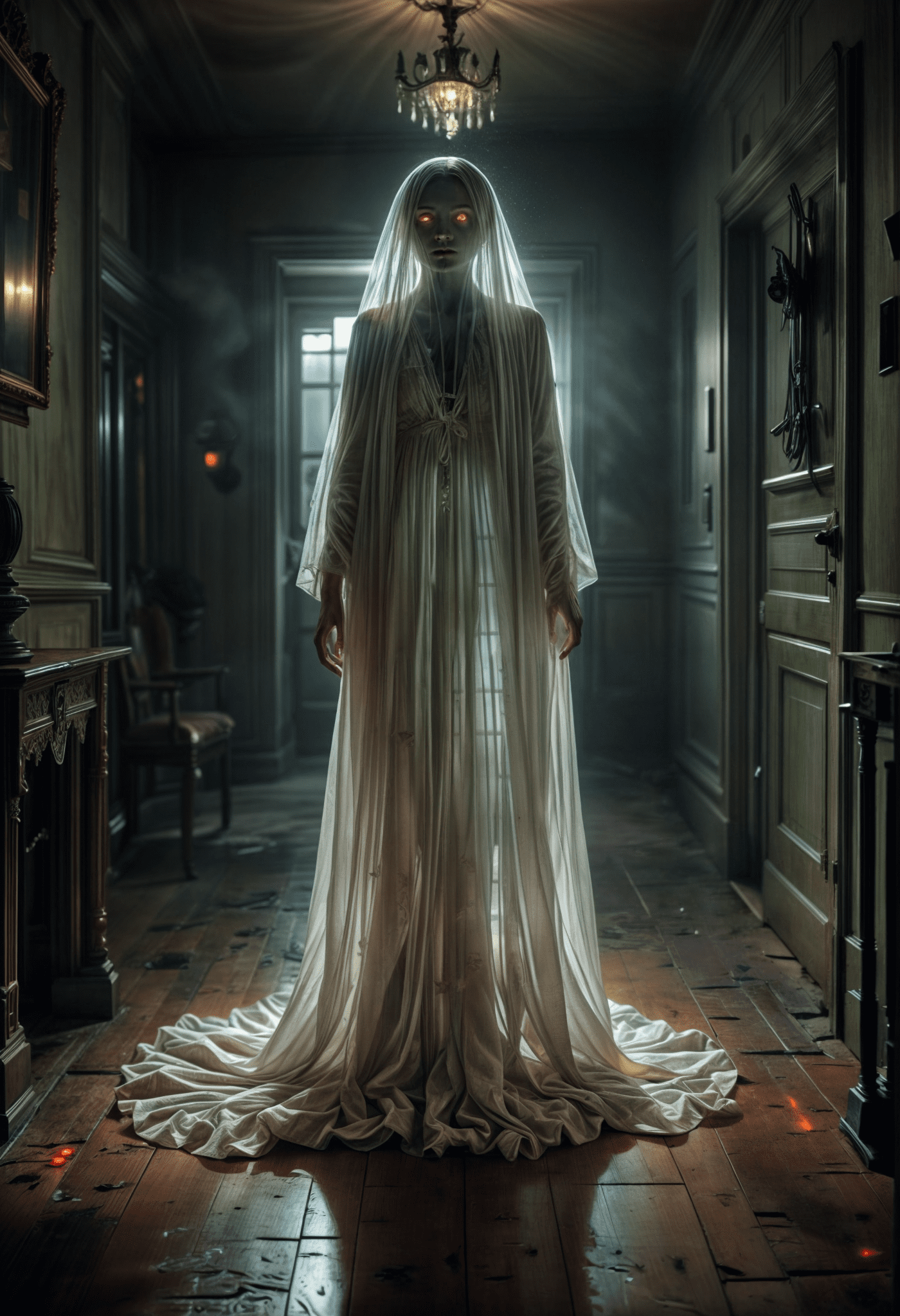 A transparent illuminated ghost in a creepy mansion, ghostly green light, the ghost is a creepy woman , blurry, you can see her freaky face, very misty on the ground, at night, red glowing eyes