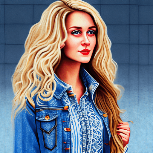 25-year-old russian woman dressed in a long denim jacket, long patterned dress, wavy blonde hair, normal portrait, 90s style, hyper-realistic, business in the background