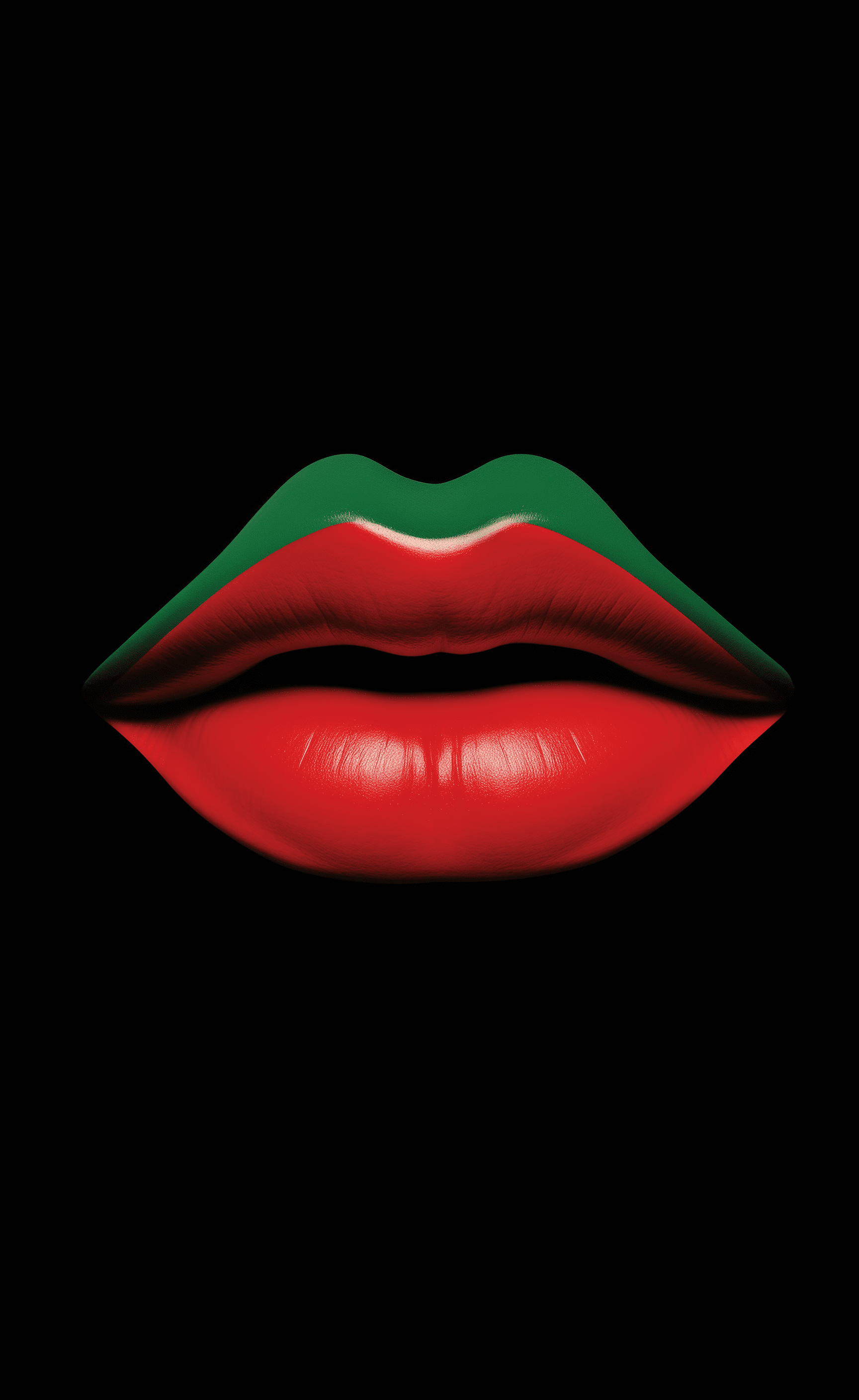 Minimalist lips, red and green on black background in the style of ivan chermayeff --ar 50:81 --v 5. 2