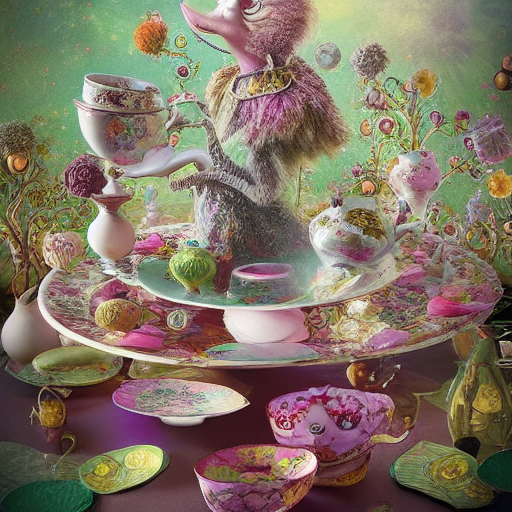 Imagine a fantastical tea party at the crossroads of reality and dreams. Instruct the ai to bring to life whimsical characters and creatures gathered around an intricately adorned table. Picture peculiar tea pots pouring liquid galaxies into delicate cups, as time ebbs and flows with each sip. Encourage the inclusion of surreal landscapes, floating confections, and mischievous companions, creating an enchanting tableau that blurs the boundaries between the tangible and the fantastical. Capture the essence of whimsy and magic as the tea party becomes a doorway to a realm where imagination reigns supreme.
