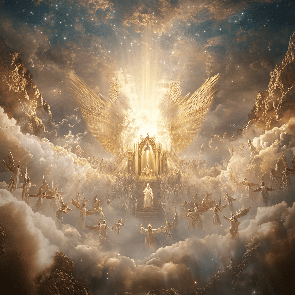 An 8k image with maximum quality and an advanced level of detail, in a realistic, cinematic style, depicting the reign of god in heaven. The celestial setting should include elements such as ethereal, radiant clouds, a divine light emanating from a majestic throne, and angels in resplendent costumes, hovering gracefully. God, at the center of the image, should be portrayed with an aura of golden light, with details reflecting wisdom and benevolent power. The background should include vast starry skies and heavenly landscapes that evoke a sense of infinity and peace. The lighting should be soft and celestial, highlighting divine majesty and splendor. Every detail, from the texture of the clouds to the sparkle in the angels' eyes, should be crafted to create an atmosphere of reverence and divine glory. --v 6. 1