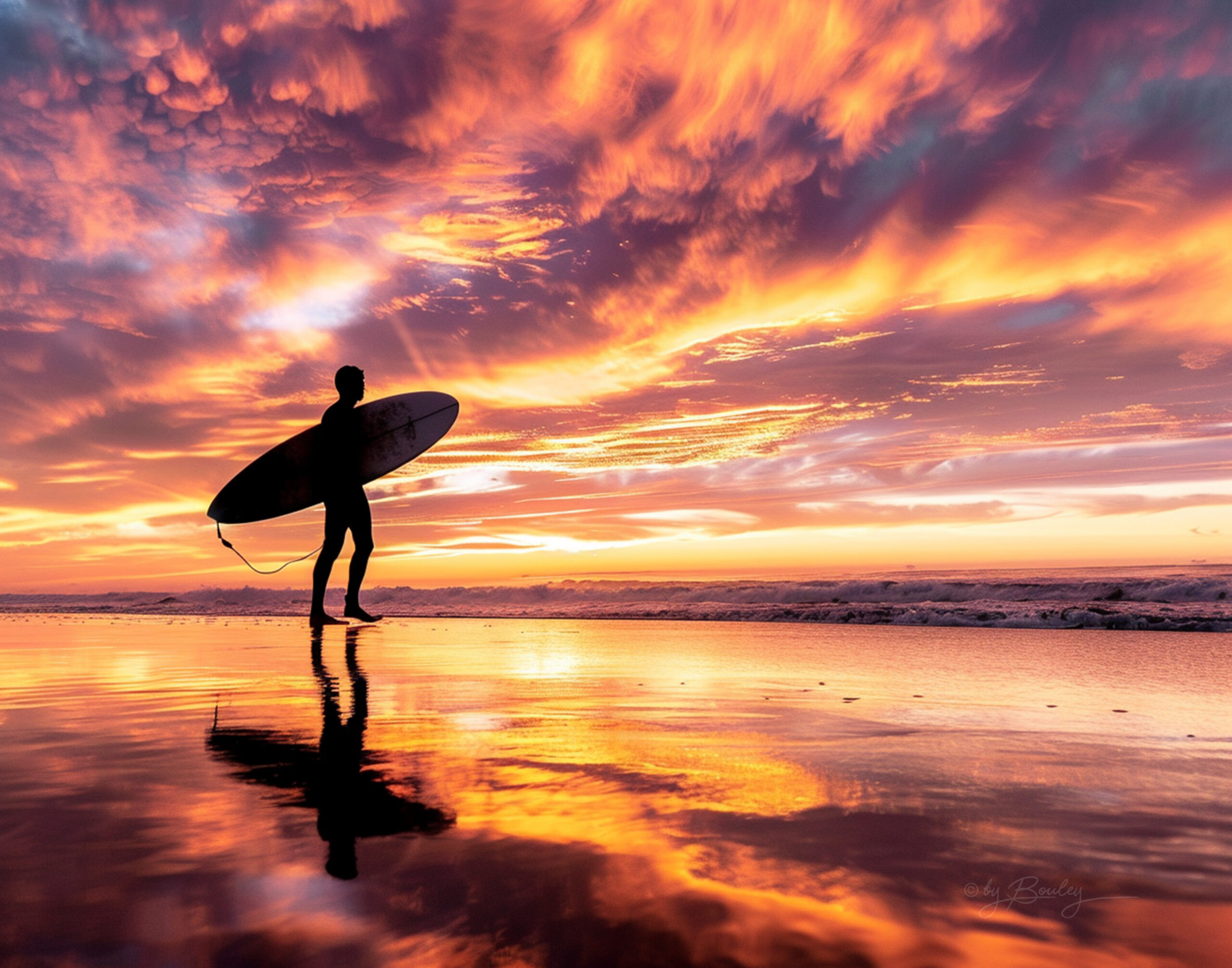 A silhouette of a surfer carrying his surfboard, walking along the beach at sunset, ocean, --ar 5:4 --personalize wutmemh --v 6
