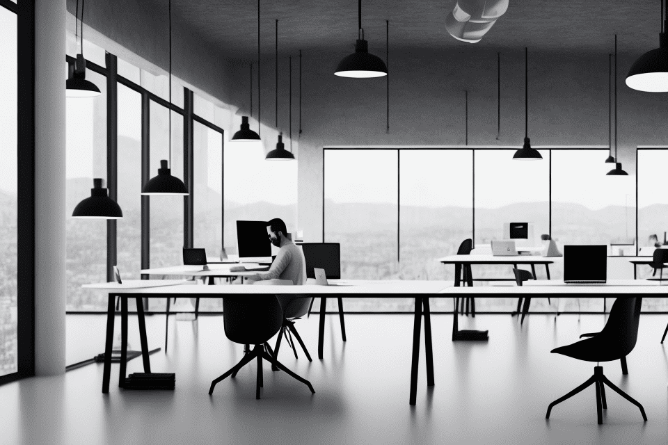 Photo of a ultra realistic co-working space , a digital nomad is seated on a dedicated desk and is working, minimal , 4k , monochrome