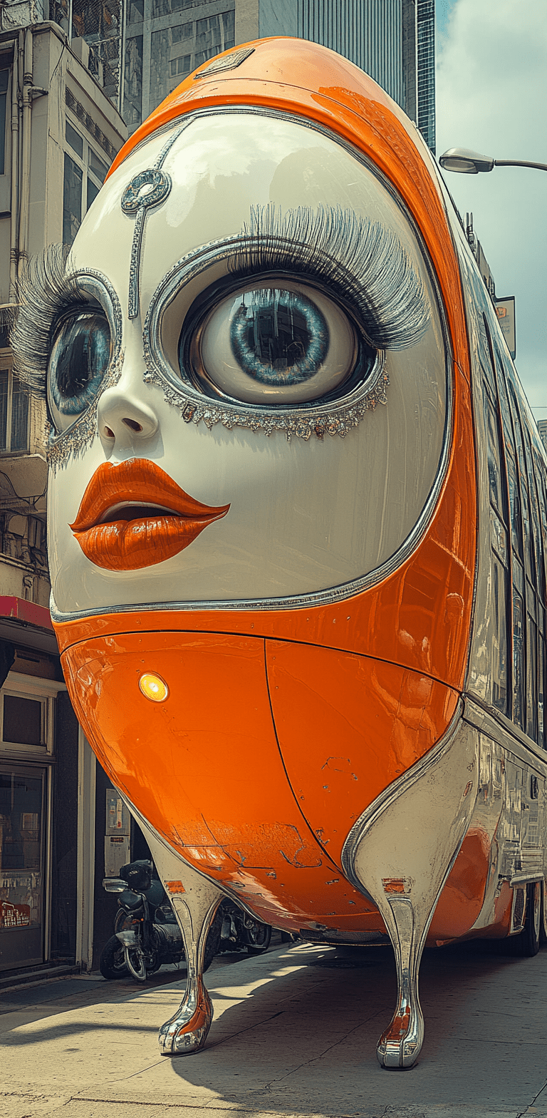 Ultra-sharp photography, retrofuturistic surrealism, orange and white parisian bus shaped like an elaborate multi-level high fashion model with huge eyelashes and a large round mouth made of porcelain with legs that resemble long elegant shoes, city background --ar 63:128 --stylize 750 --v 6. 1