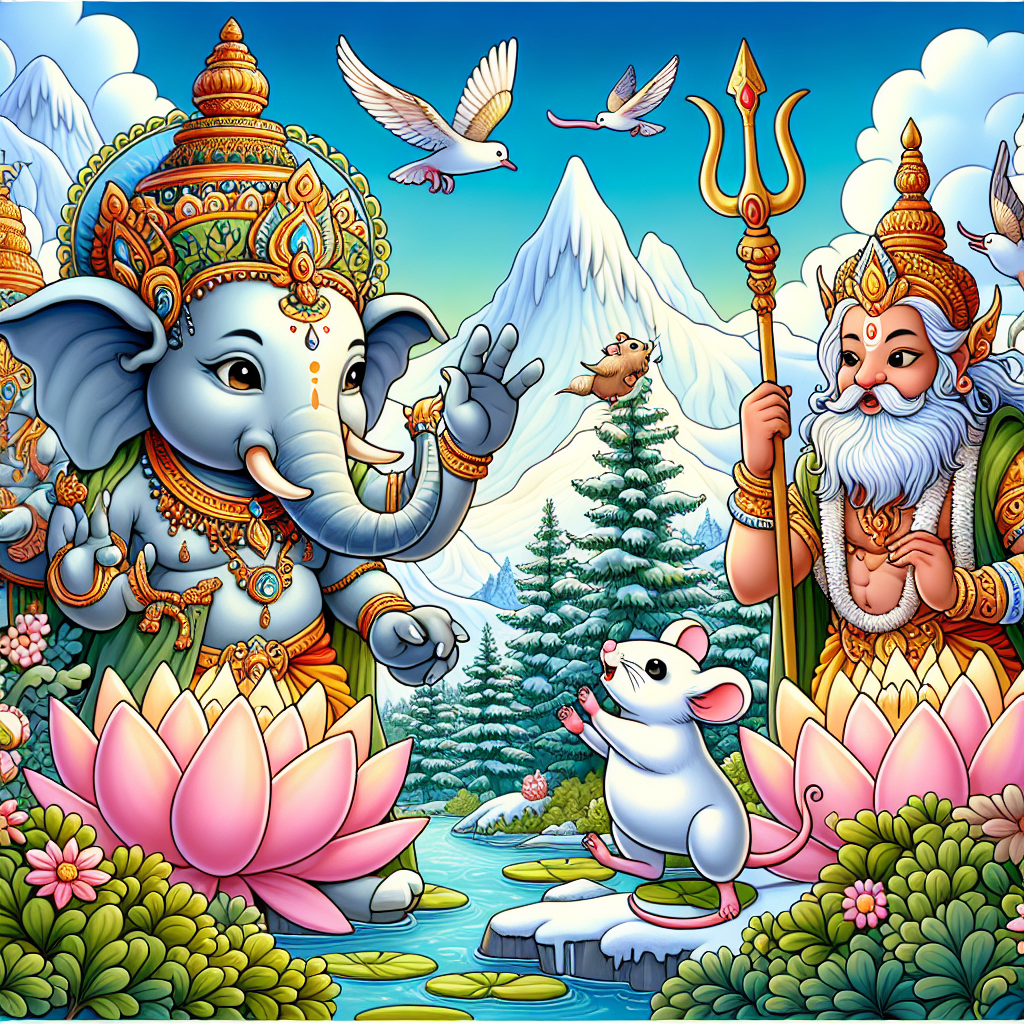 Cute ganpati playing with mouse and lord shiva and parvati watching them happily
