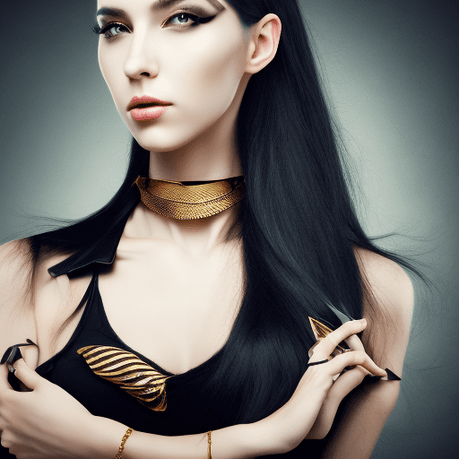 A woman in a frontal pose with long, voluminous black hair, wearing a torn t-shirt, cat eye makeup, a black choker, and a pendant necklace. She has a confident, alluring expression, and the background is a rich, textured gold, contrasting with her dark attire