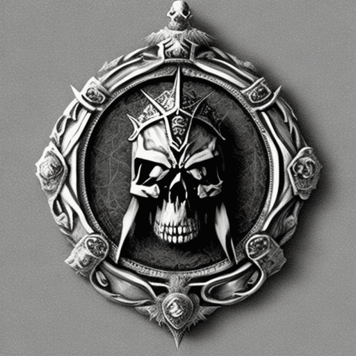 Photo of a medallion from warhammer fantasy, with the ice queen skull, wich is an human skull, with ukranian motives, in the style of warhammer second edition. It should be black and silver.