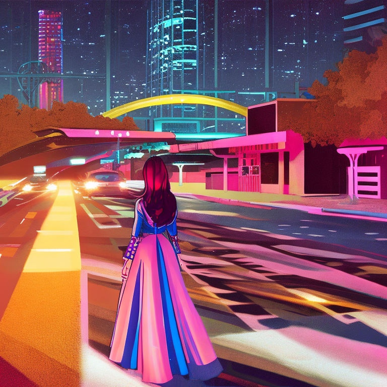 A synthwave girl in los angeles at night, synthwave aesthetic. Art by don bluth