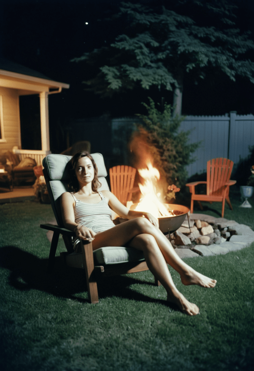 This is a candid, full body, analog film photograph of a woman sitting in a lounge chair in her backyard in front of a fire pit late at night. She enjoys the peace and quiet. Casting shadow style, iso 200 faded film, 35mm photo, grainy, vignette, vintage, kodachrome, lomography, stained, highly detailed, found footage