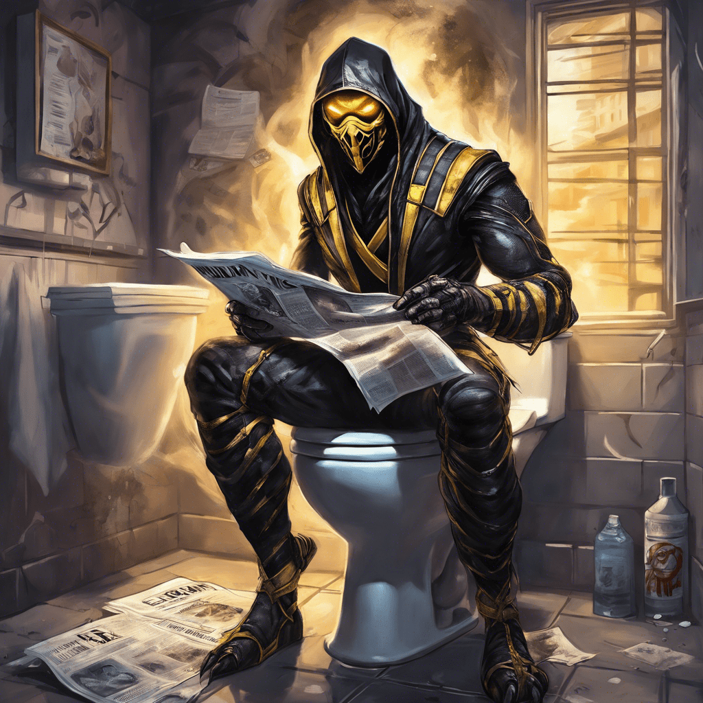 Scorpion from mortal kombat, sitting on the toilet reading a newspaper, in the style of street art aesthetic, neo-noir