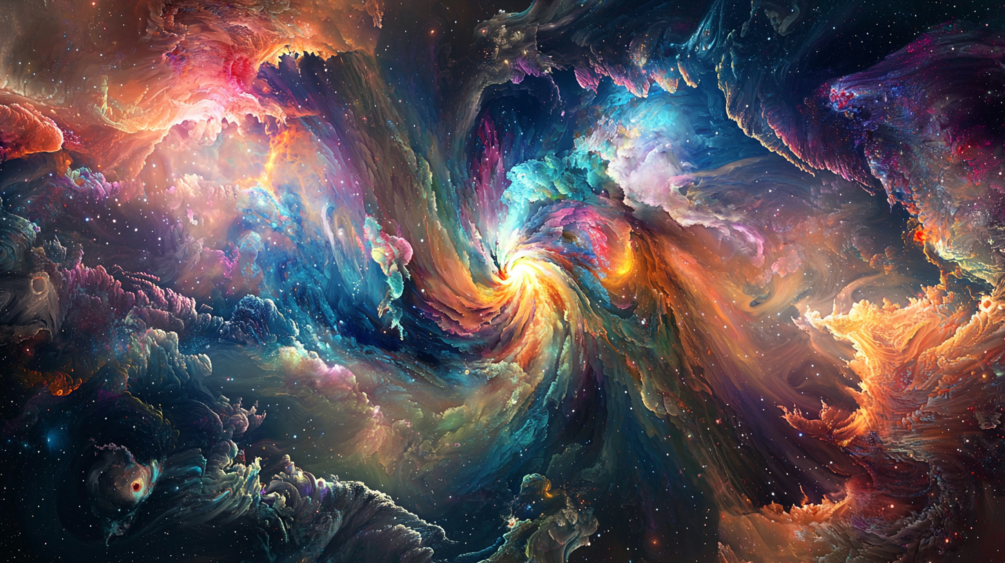 A cosmic journey through a psychedelic galaxy, filled with swirling nebulae, celestial bodies, and pulsating colors. Create a sense of movement and depth by incorporating spiraling patterns, radiant bursts of light, and intricate fractal designs. Use a vivid color palette to evoke a sense of cosmic energy and transcendence.