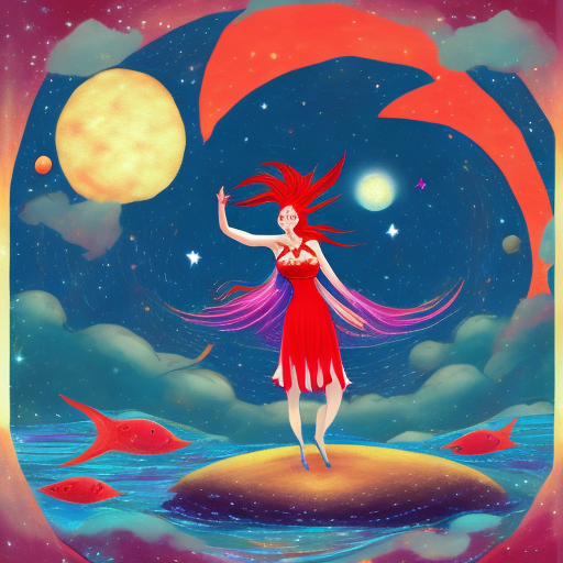 Image featuring a character with red hair and a flamboyant costume standing on a crescent moon. The background is a starry night sky with planets, and there are fish swimming in the air around the character, suggesting a dreamlike or surreal atmosphere. Ultra-realistic.