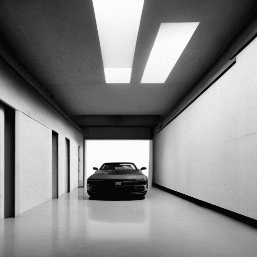 High realism, minimalism, a dark large garage without windows, in the soft light from a single source in the center there are six beautiful car rims without cars