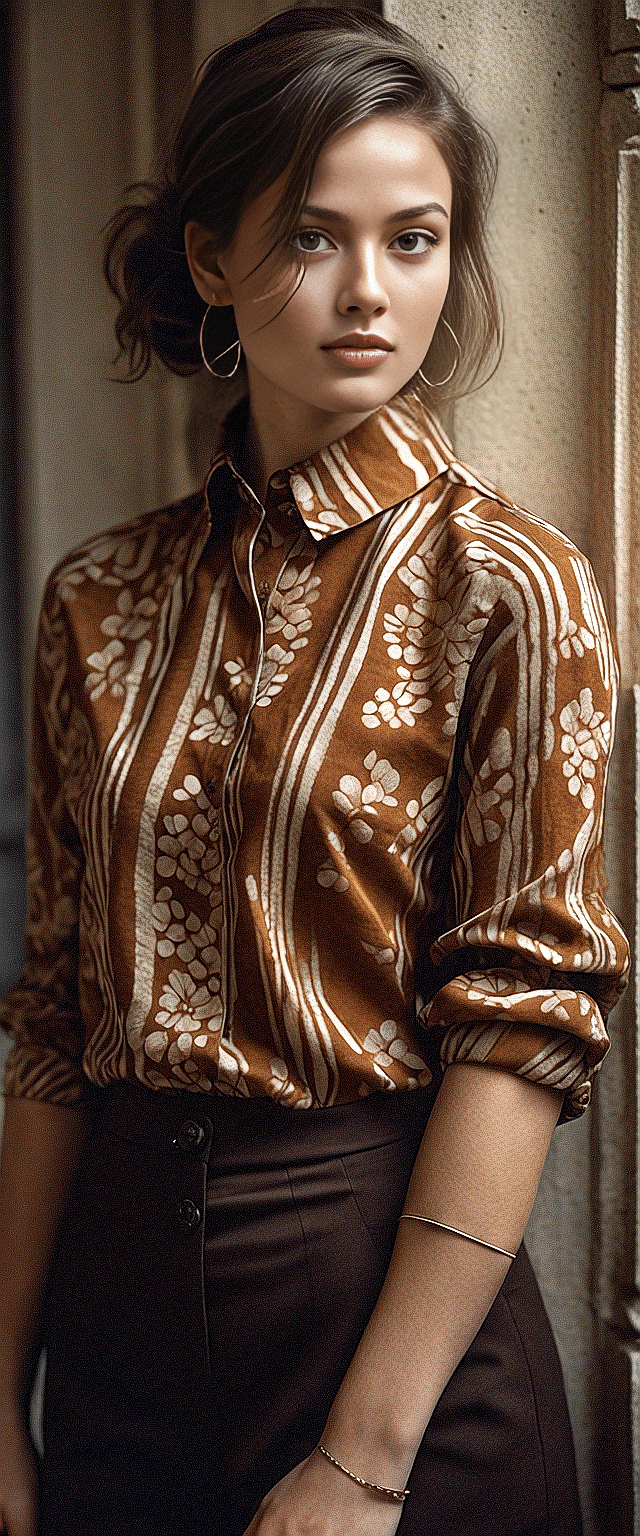 A portrait of a young woman with an elegant and sophisticated style. Her hair is pulled back into a ponytail with loose strands softly framing her face. She wears dark brown batik shirt, the portrait should exude poise and fashion-forward elegance.