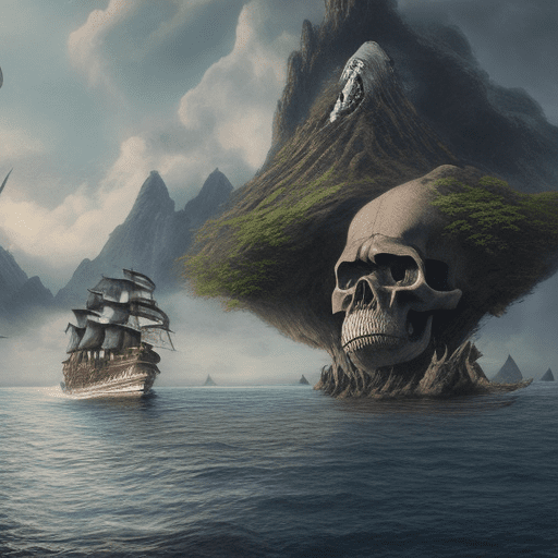 A large skull and a ship on water on an island, king kong is looking through the eye socket, in the style of photorealistic renderings, mountainous vistas, i can't believe how beautiful this is, firecore, transavanguardia, enchanting, piles/stacks
