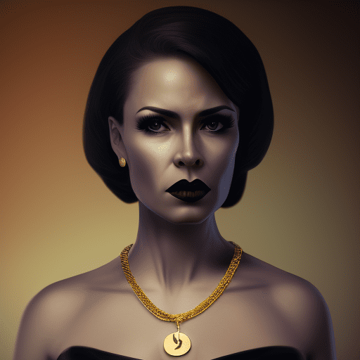 Woman in a black dress with a gold chain around her neck, eve ryder, a character portrait, female spy, female lead character, solo female character, elegant woman, dark natasha, female protagonist, shallow depth of field, muted color grading, high-angle shot