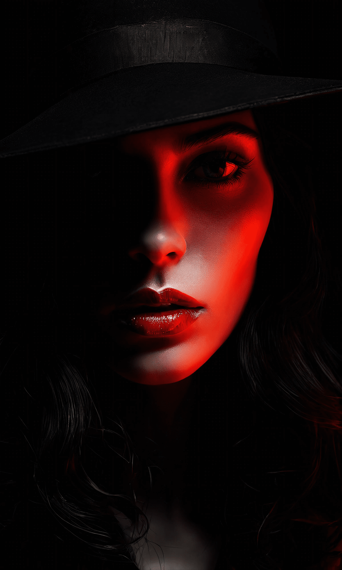 Low key portrait, dramatic lights, digital illustration, a mysterious detective woman, eyes partly concealed by her hat, soft lights, sharp focus, captivating gaze, evocative and enigmatic, stark dark background, a sense of mystery, film noir, striking red lips, red color pop, black and white