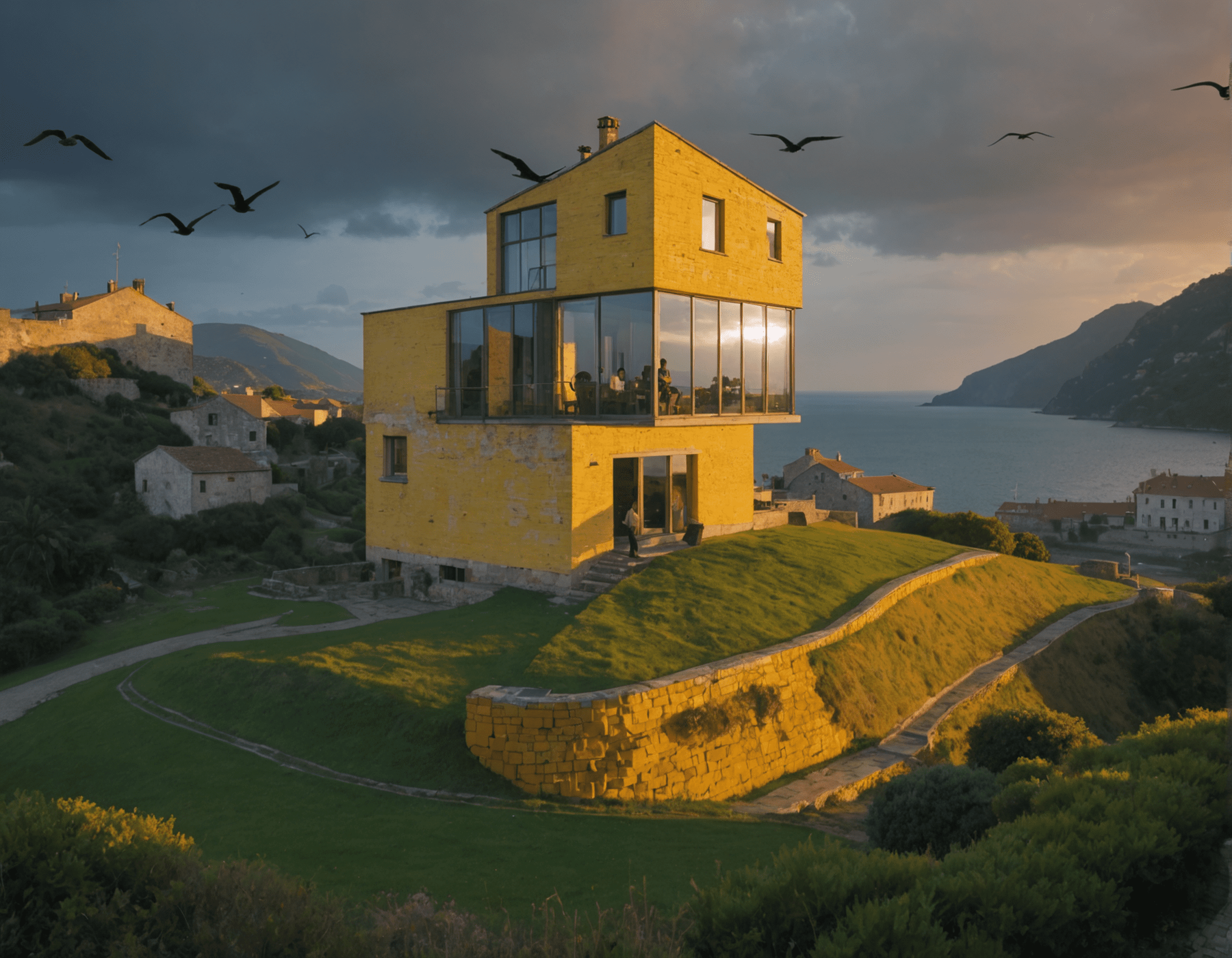 Hyper realistic exterior photo of a (((yellow bricks) )) house on a cliff, over a green valley, static long take shot, daylight, indirect lighting, landscape shot with a 85mm lens, focal ratio 4. 0, translucent windows, (((((silhouette of a man in a window) )))), dark skies with white pelicans, azure pond in the bottom right, ((albert gleizes|albert marquet) ), esrgan, plms, ambient occlusion, poisson noise, mental ray render, hypermaximalist, enhanced edges,
