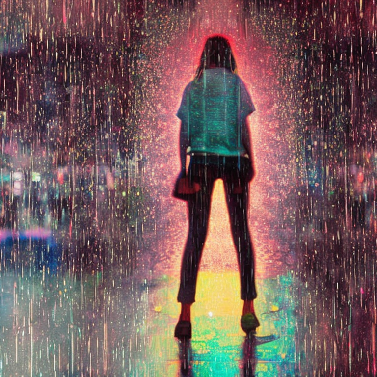 Gorgeous girl of summer, walks in rain, detailed, cinematic, scenic, beautiful, vibrant colors, enhanced light, colorful, illuminated, majestic, clear, coherent, neonpunk, painterly, brush strokes, cinematic