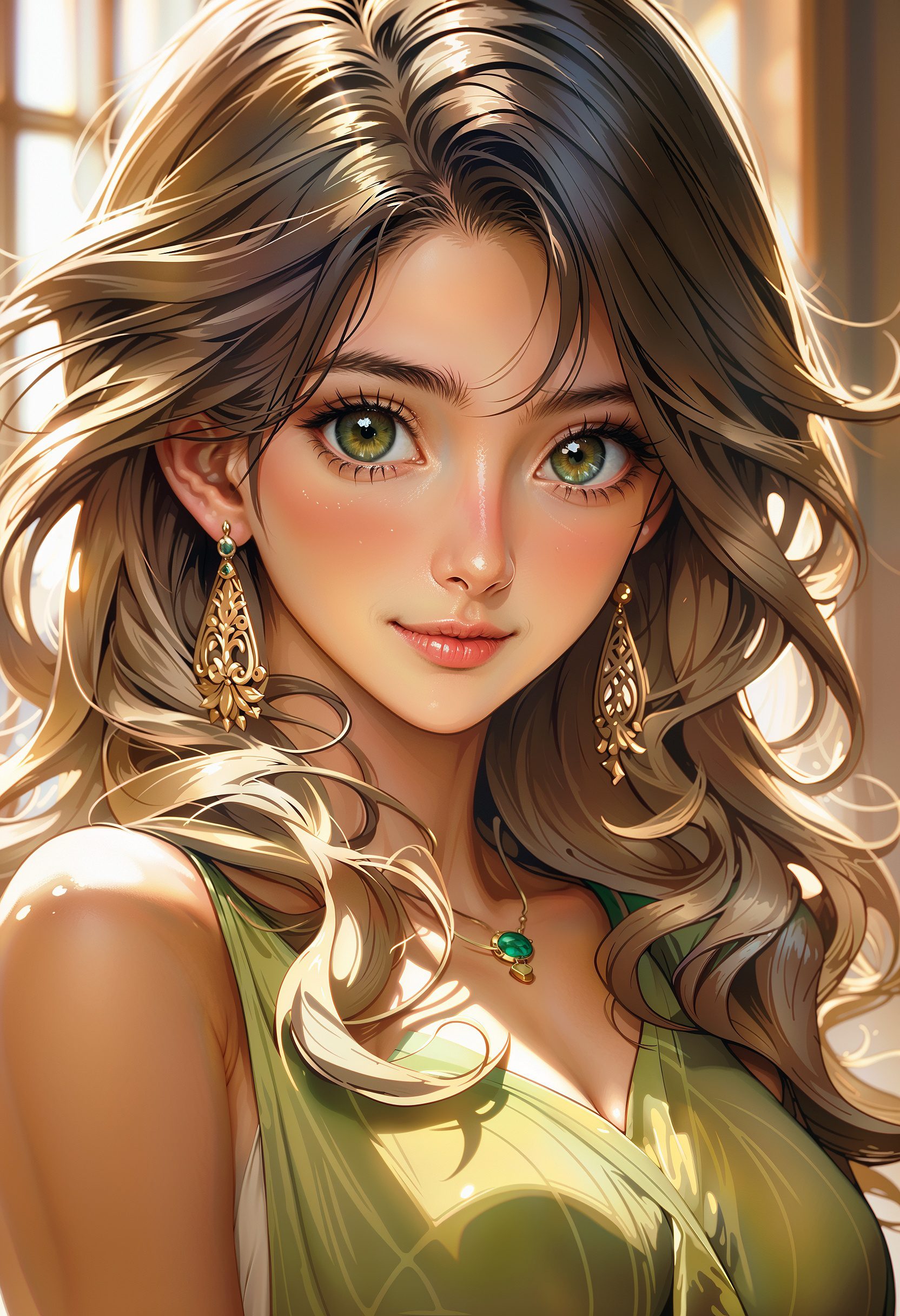 A close-up anime-style portrait of leni loud, a cheerful girl with long blonde hair and black eyes, wearing a green sleeveless dress. She stands indoors, her playful smirk adding charm to her expression. Her elegant earrings dangle as she gazes directly at the viewer, her confident pose capturing her lively personality.