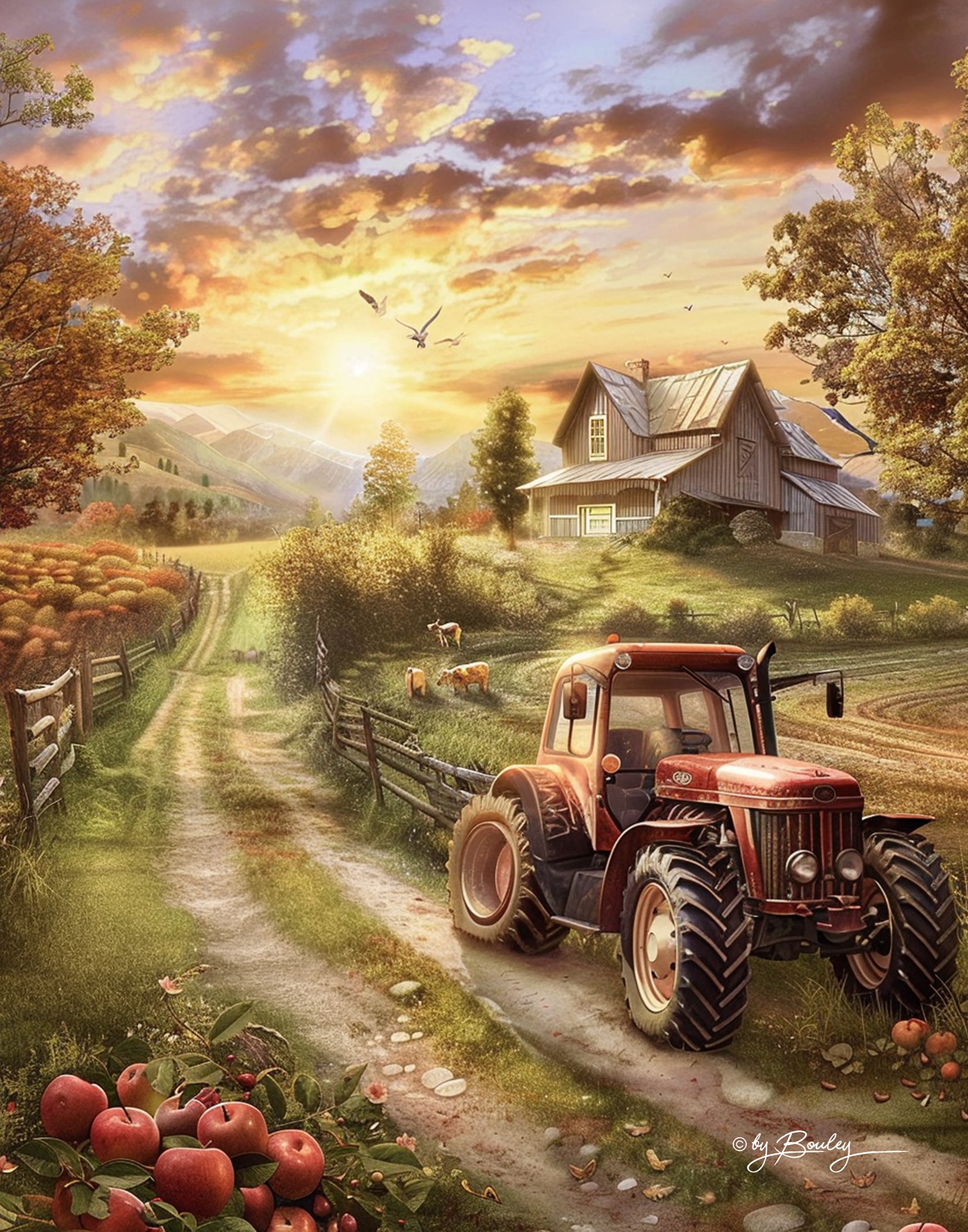 Nostalgic sunset in the countryside with a picturesque bountiful farm, some animals and fruit trees, an old tractor in the distance, in the artistic style of thomas kinkade --ar 4:5 --personalize pp1xqzi --v 6