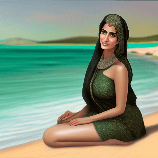 A photo realistic image capturing a arabic syrian woman with light olive skin in the style of natural, timeless beauty, 32k, blink-and-you-miss-it detail, flowing black hair, and vibrant emerald eyes, (curvy:0. 8) (toned:1. 2) body. She is seated gracefully on the pristine sands of a bahamian beach. The scene is bathed in the golden (volumetric:1. 1) hues of the setting sun, creating a soft, ambient light that highlights the texture of her skin and the silkiness of her hair. Her gaze, directed towards the distant horizon, is thoughtful and serene. The background, a blur of azure sky meeting turquoise waters, is achieved through a shallow depth of field effect, mimicking a photograph taken with a high-end 50mm f1. 2 lens. This composition is meticulously detailed, aiming for ultra-high definition (uhd) quality, with a focus on achieving the most realistic textures, from the sand grains to the subtle interplay of light and shadow on her features seductive pose, highly detailed, glamorous, 12k